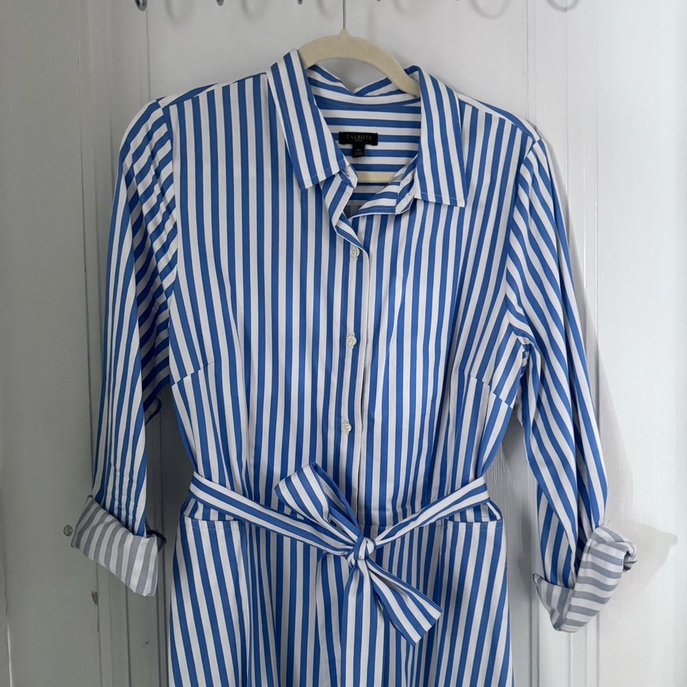 🌷 Talbots Spring Dress! Blue and White Striped Belted Shirt Dress with Belt